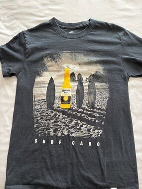 Corona Black Tee with Yellow Bottle Surf Graphic